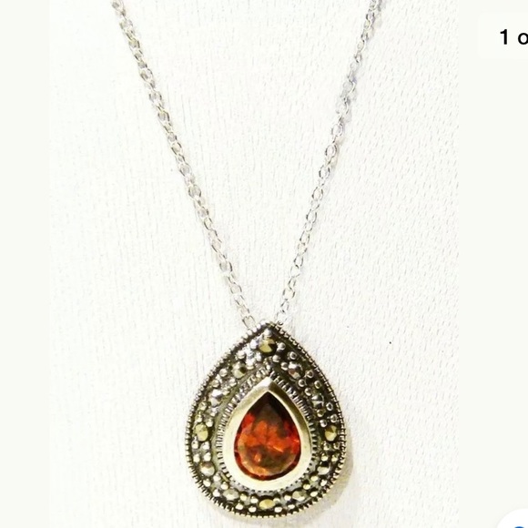 Sterling Silver Teardrop Marcasite Pendan Necklace - Picture 1 of 7